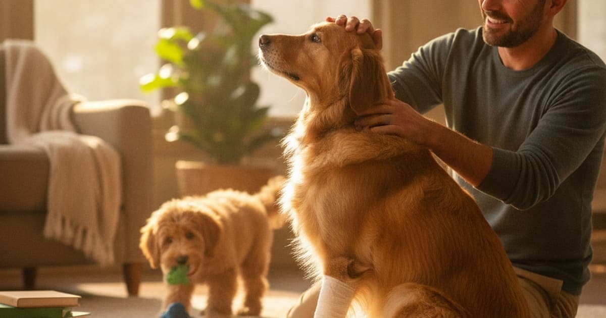 A dog being cared for at home, illustrating achilles tendon injury in dogs: signs, causes and what helps