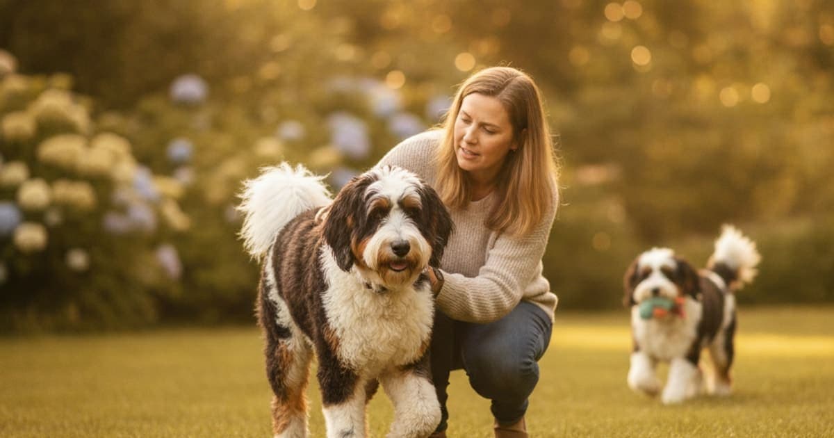 A dog being cared for at home, illustrating why bernedoodles are prone to joint problems