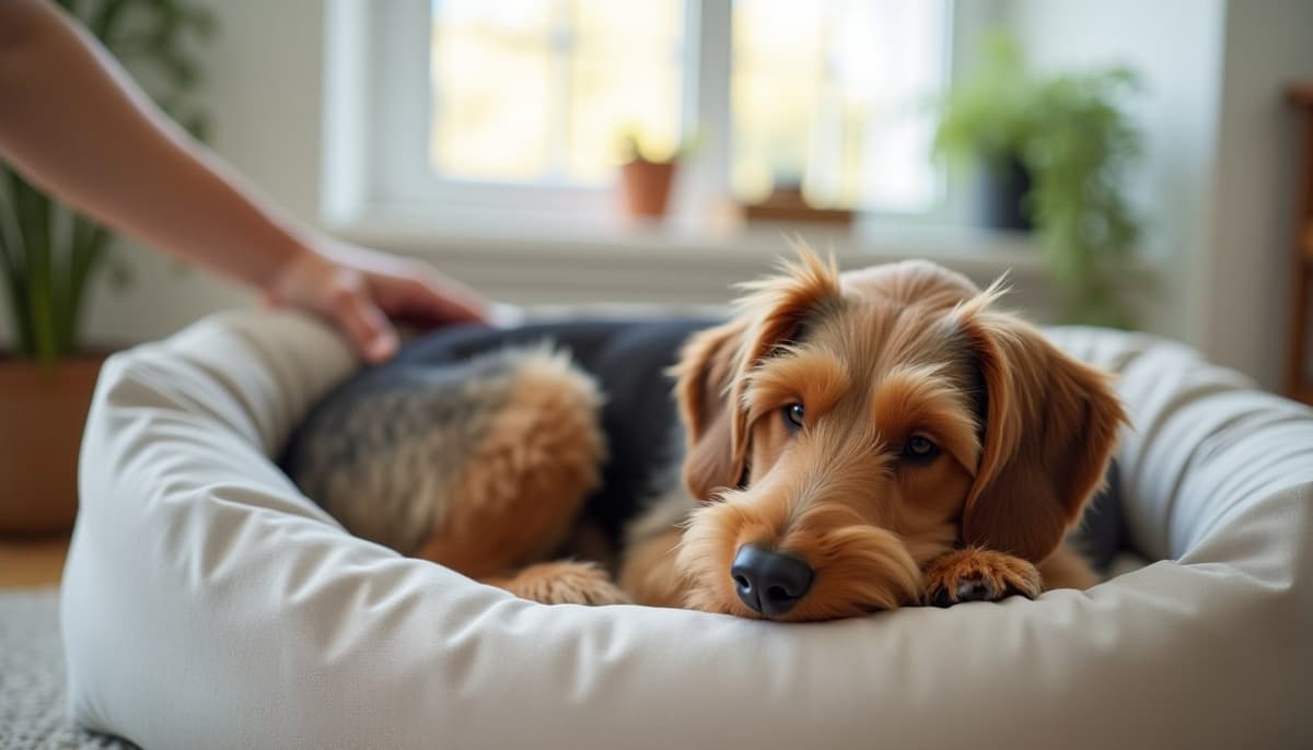 A dog being cared for at home, illustrating best joint supplement for airedale terriers