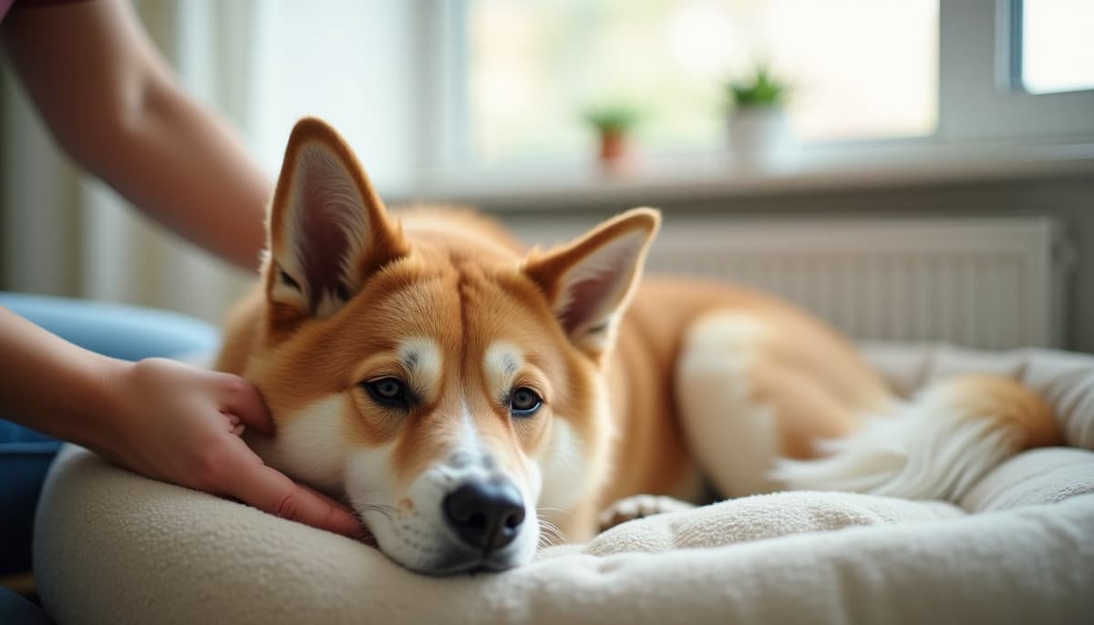 A dog being cared for at home, illustrating best joint supplement for akitas