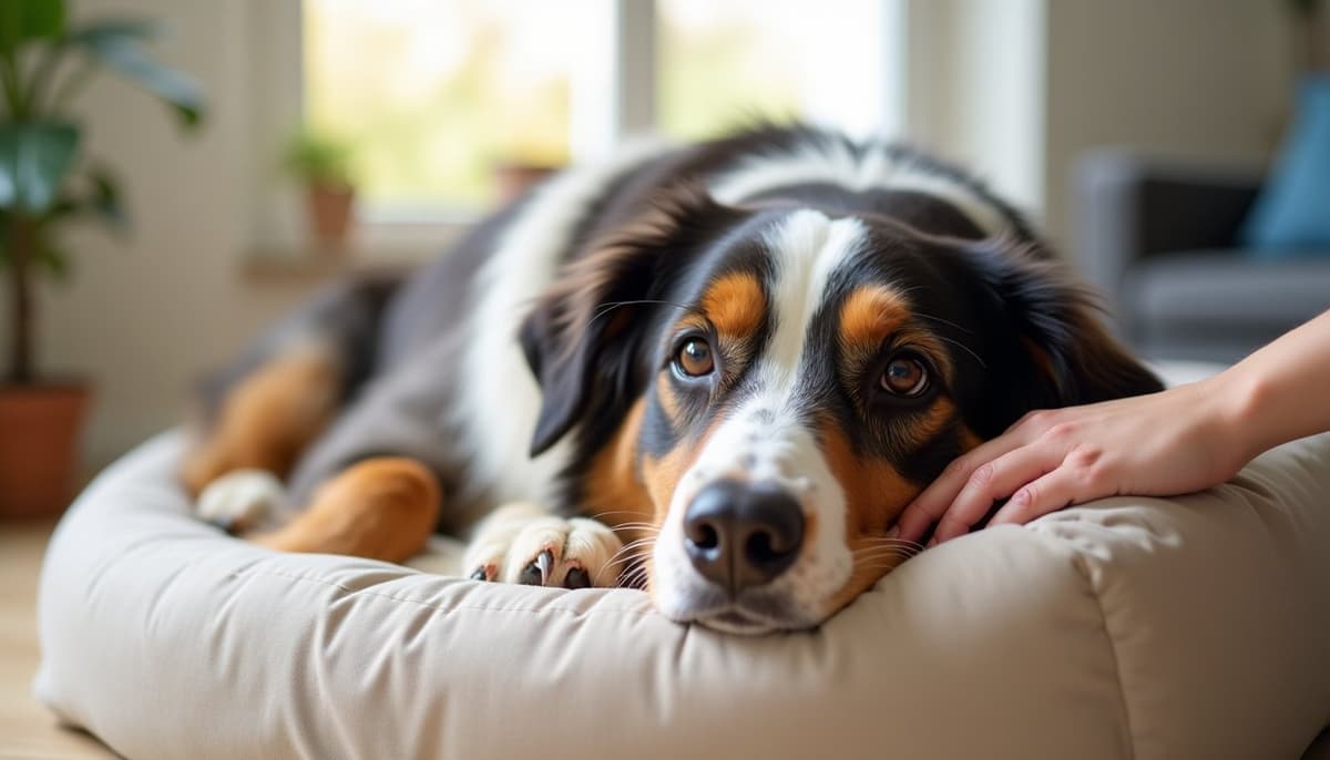 A dog being cared for at home, illustrating best joint supplement for australian shepherds