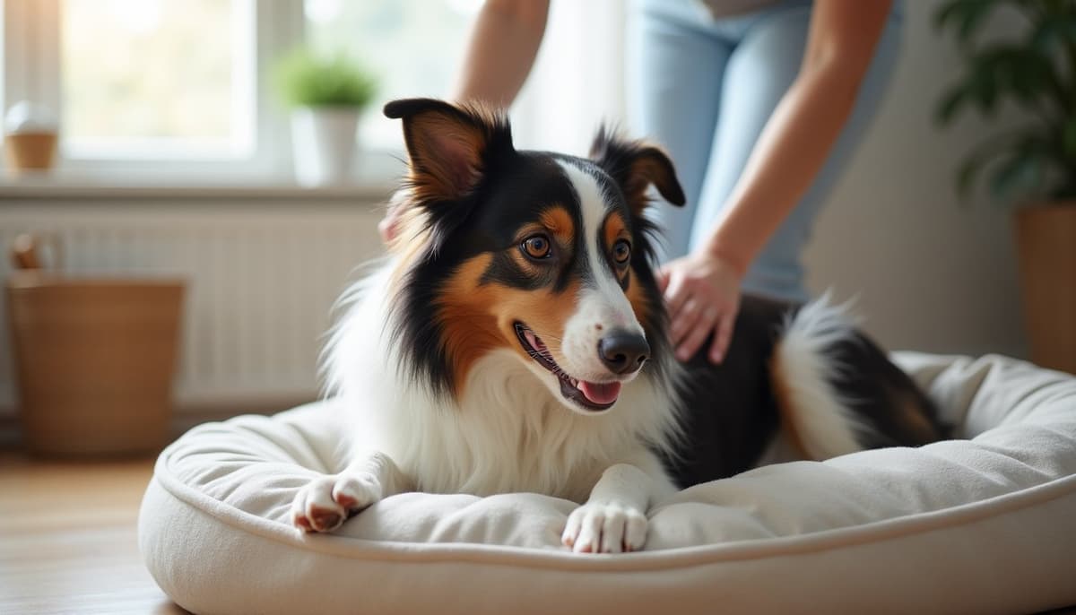 A dog being cared for at home, illustrating best joint supplement for bearded collies