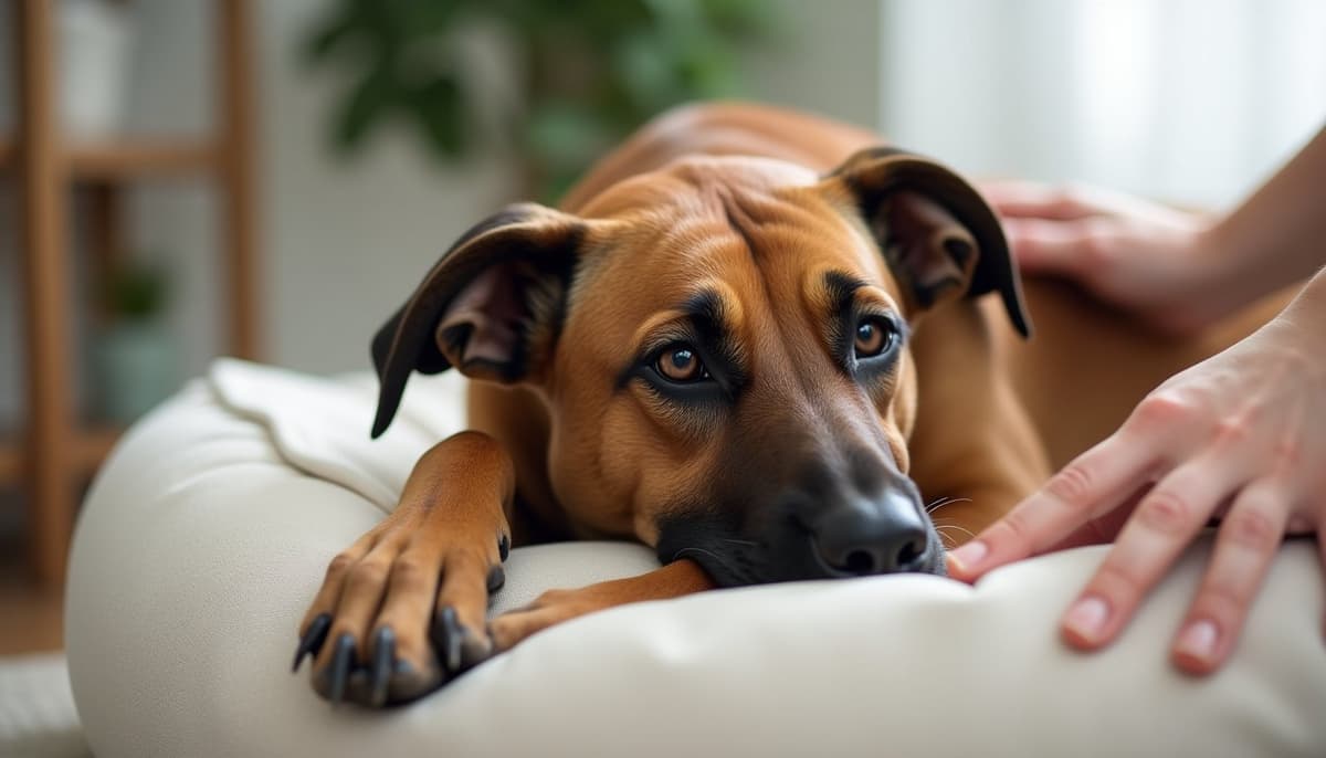 A dog being cared for at home, illustrating best joint supplement for belgian malinois