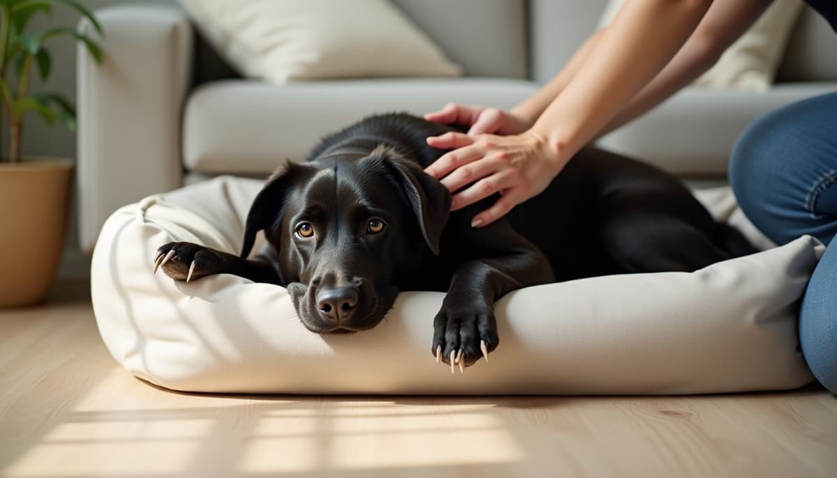 A dog being cared for at home, illustrating best joint supplement for bouvier des flandres