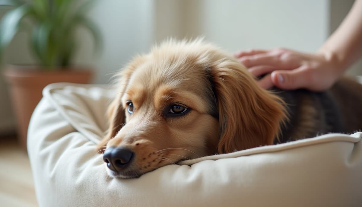A dog being cared for at home, illustrating best joint supplement for briards