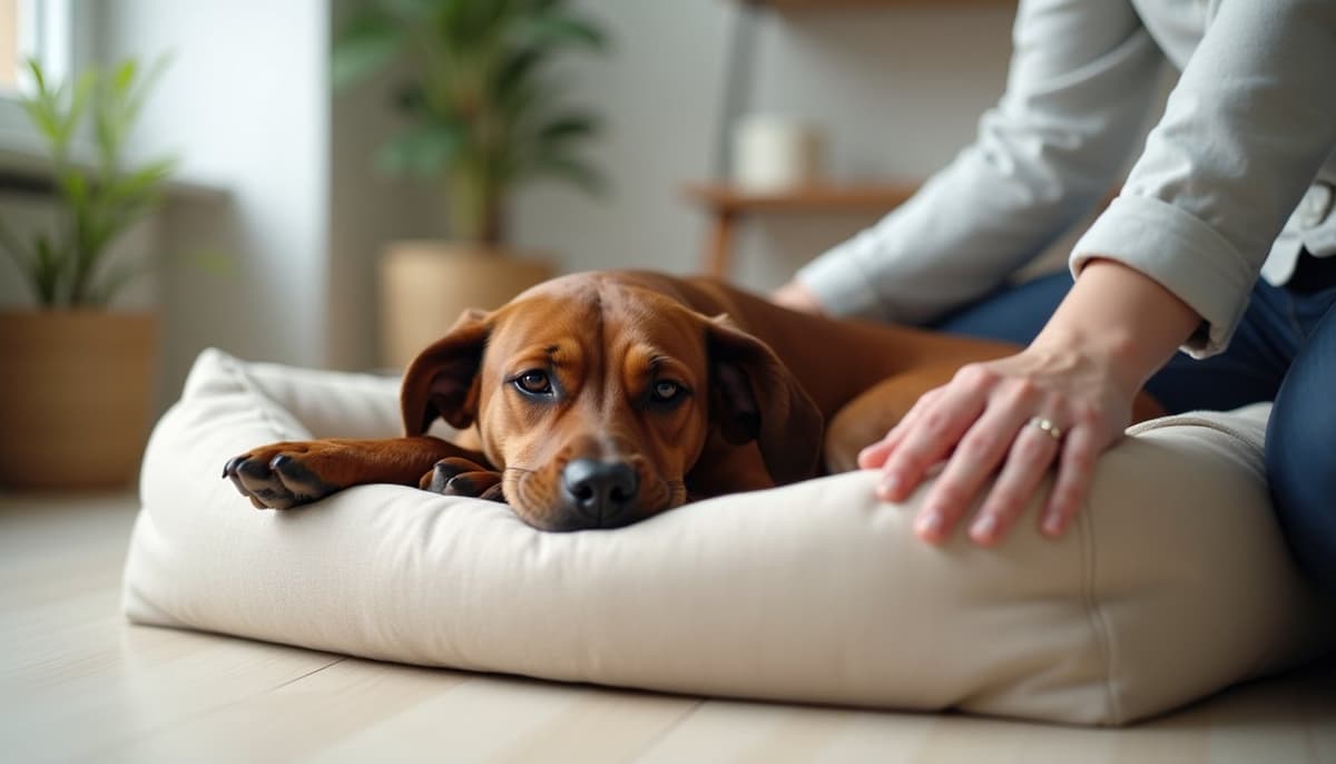 A dog being cared for at home, illustrating best joint supplement for catahoula leopard dogs