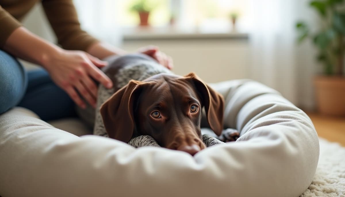 A dog being cared for at home, illustrating best joint supplement for german shorthaired pointers