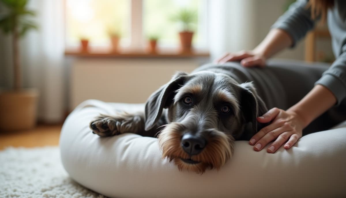 A dog being cared for at home, illustrating best joint supplement for giant schnauzers