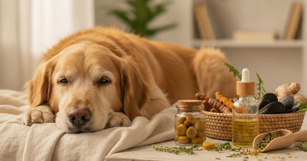 A dog being cared for at home, illustrating best joint supplement for senior dogs with arthritis