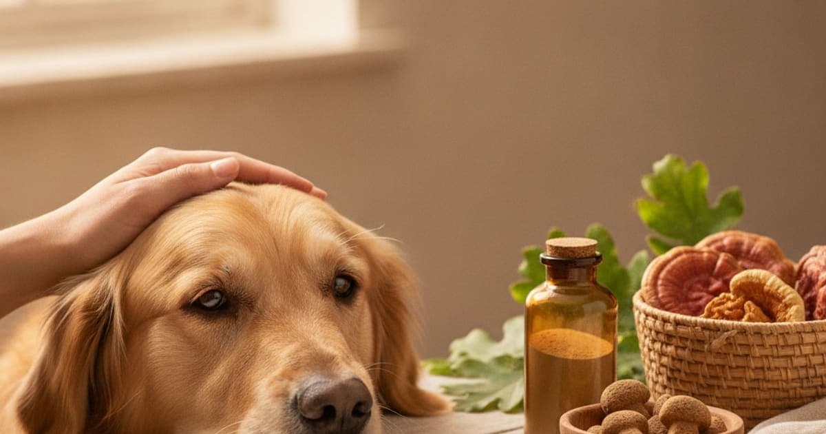 A dog being cared for at home, illustrating best mushroom supplement for dogs lumps: what to know