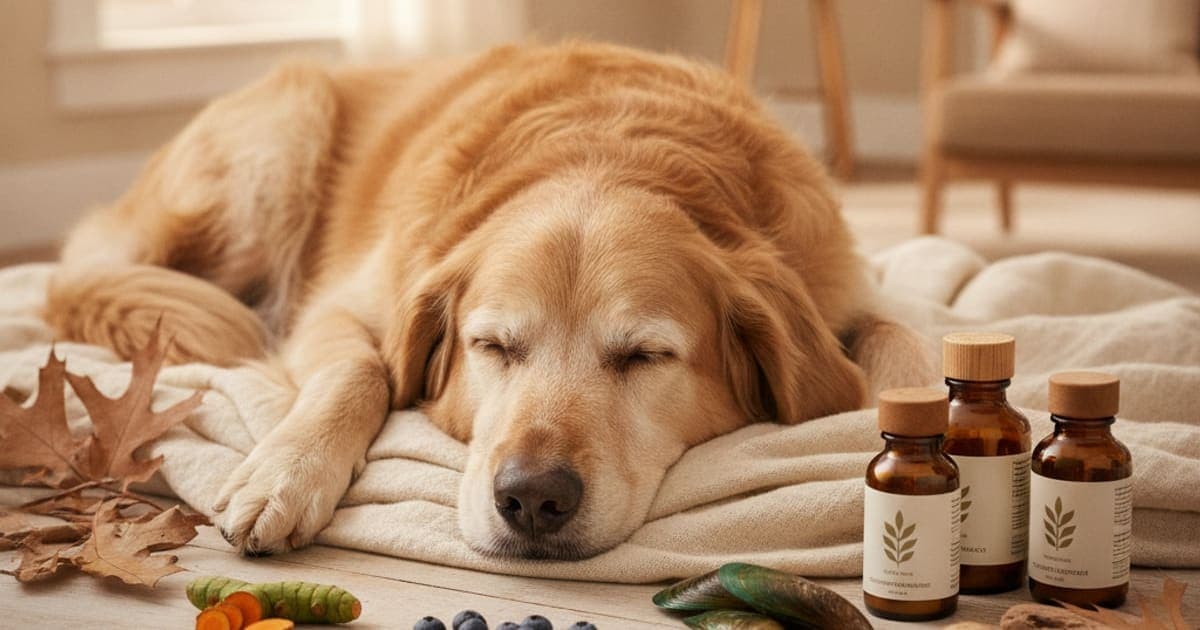 A dog being cared for at home, illustrating best senior dog joint care