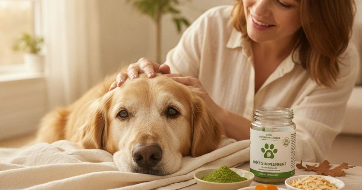 A dog being cared for at home, illustrating best supplement for dogs with stiff joints