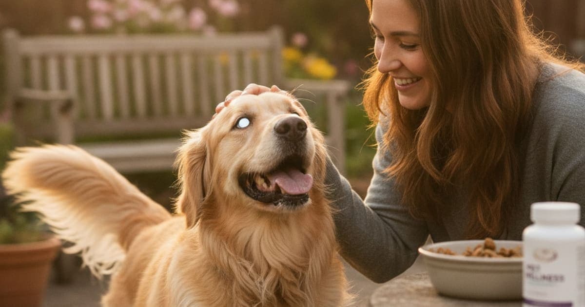 A dog being cared for at home, illustrating best tear stain supplement for dogs