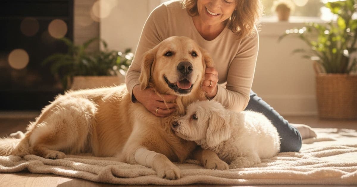 A dog being cared for at home, illustrating best thing to give a dog limping on a back leg