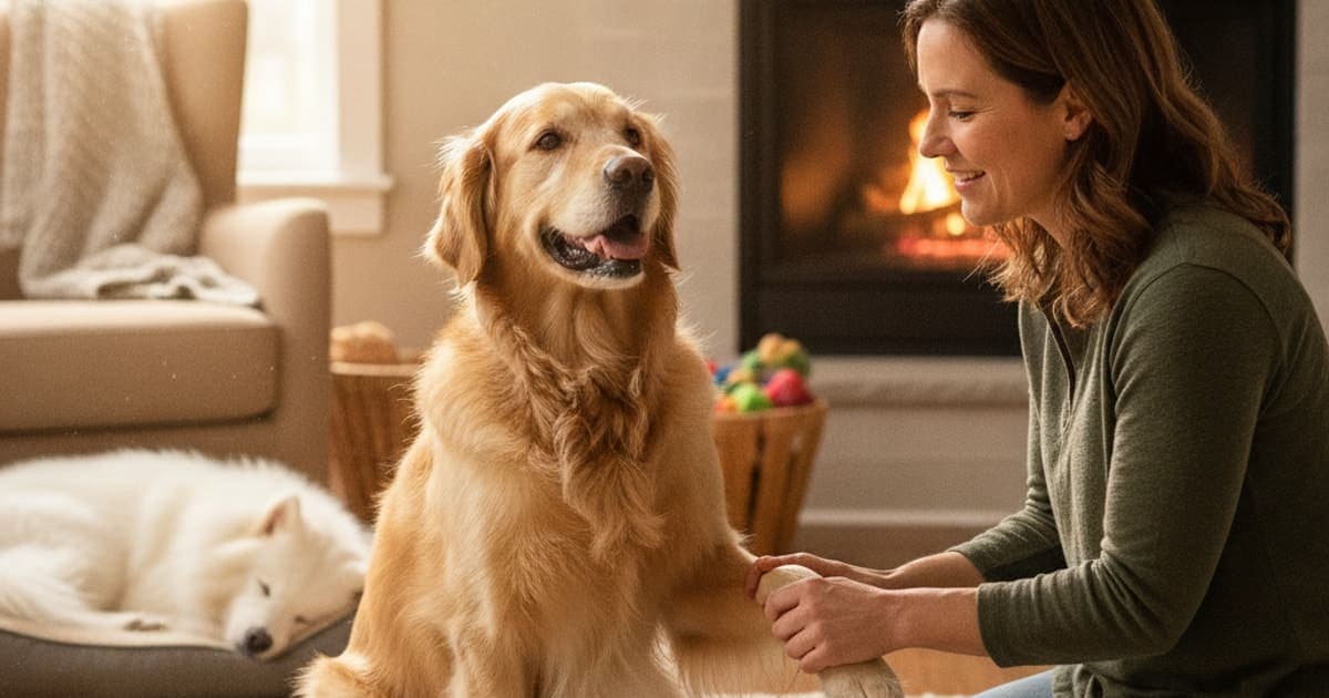 A dog being cared for at home, illustrating a dog limping after exercise