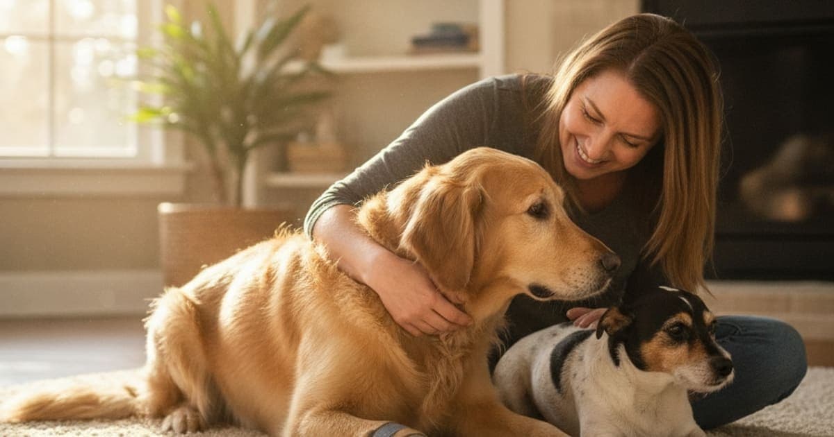 A dog being cared for at home, illustrating a dog limping but not in pain