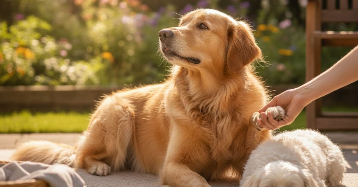 A dog being cared for at home, illustrating best thing to give a dog limping on a front leg
