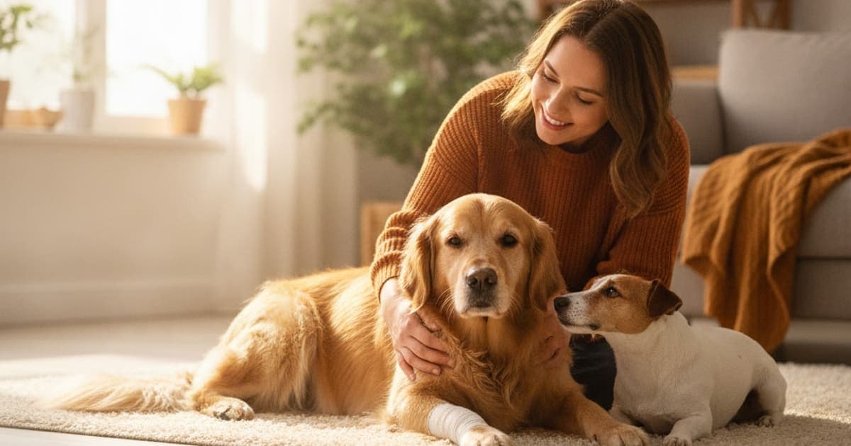 A dog being cared for at home, illustrating best thing to give a dog not putting weight on a leg