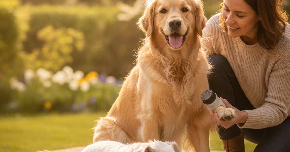 A dog being cared for at home, illustrating a dog scuffing back nails