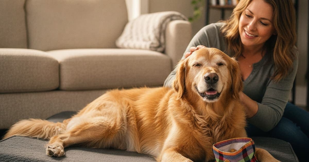 A dog being cared for at home, illustrating best thing to give a dog sitting with a leg out to the side