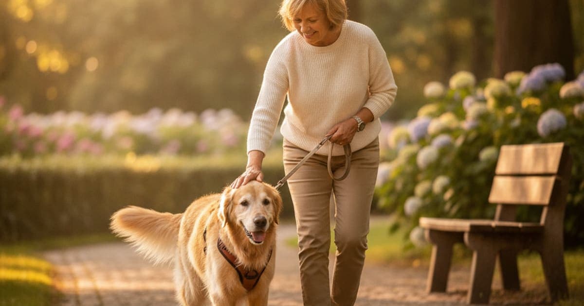 A dog being cared for at home, illustrating a dog slowing down on walks