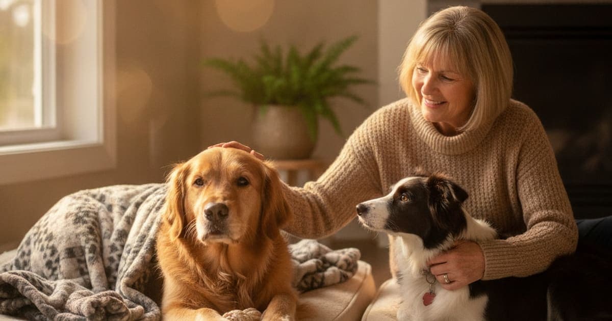 A dog being cared for at home, illustrating best thing to give a dog stiff after resting