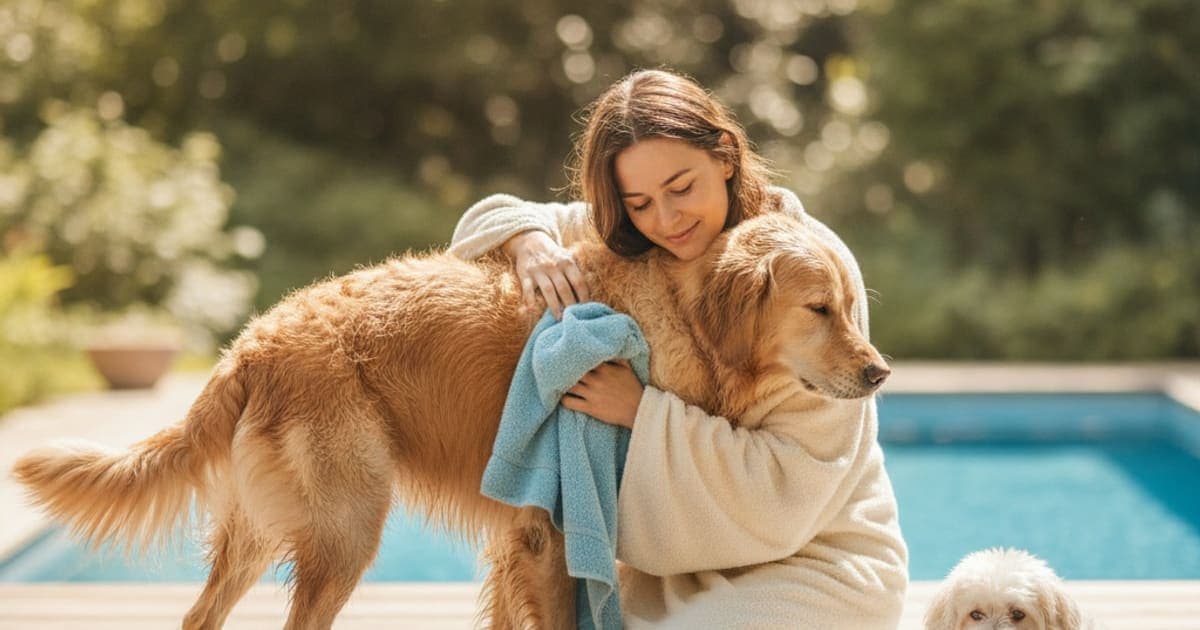 A dog being cared for at home, illustrating a dog stiff after swimming