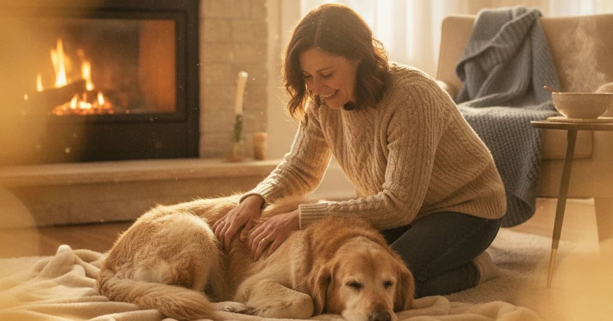 A dog being cared for at home, illustrating best thing to give a dog stiff in cold weather
