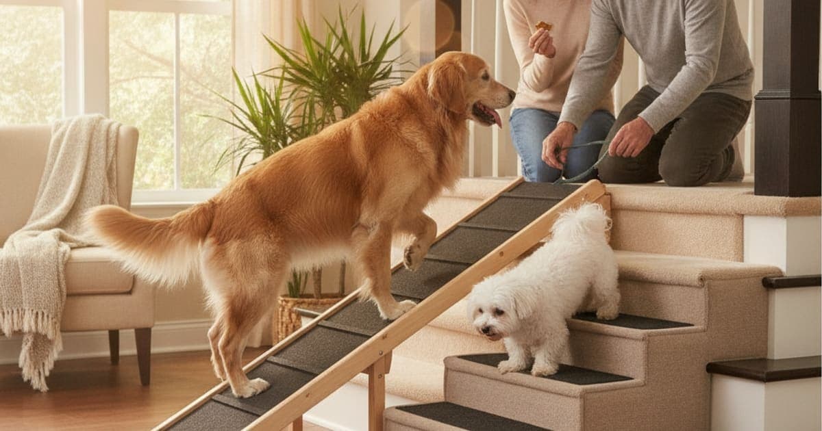 A dog being cared for at home, illustrating a dog having trouble with stairs