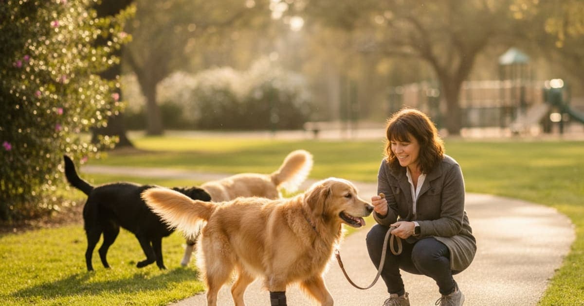 A dog being cared for at home, illustrating dog walking with a limp after surgery: what helps