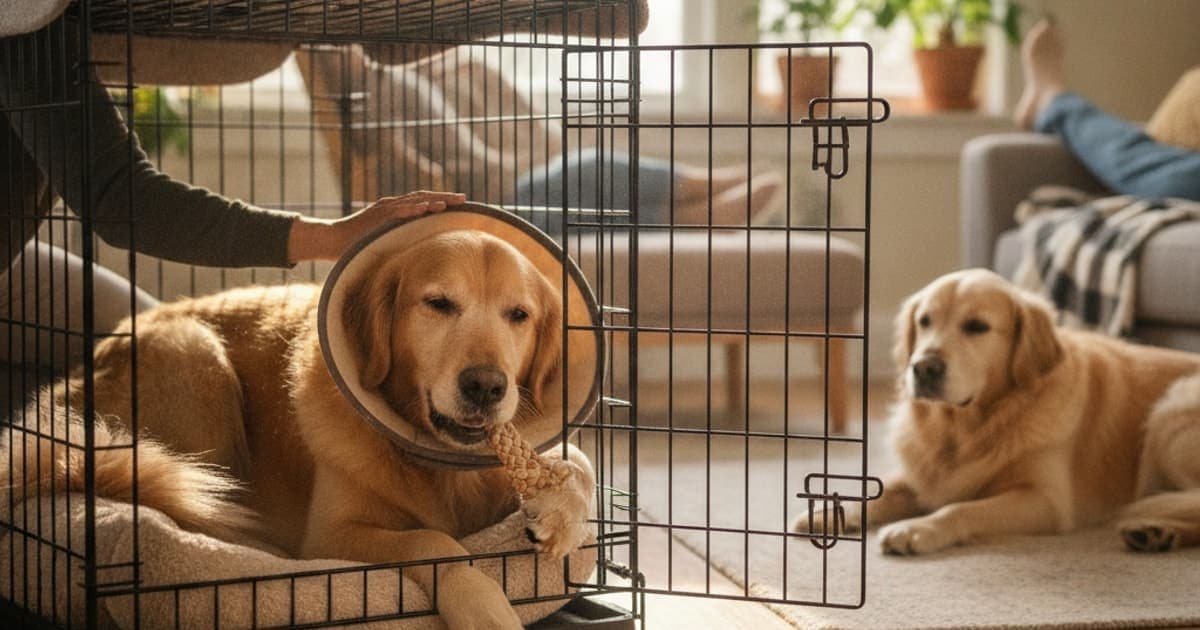 A dog being cared for at home, illustrating crate rest in dogs (2026)