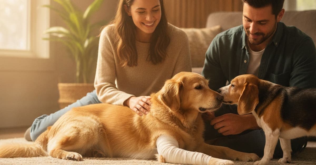 A dog being cared for at home, illustrating hock injury in dogs (2026)