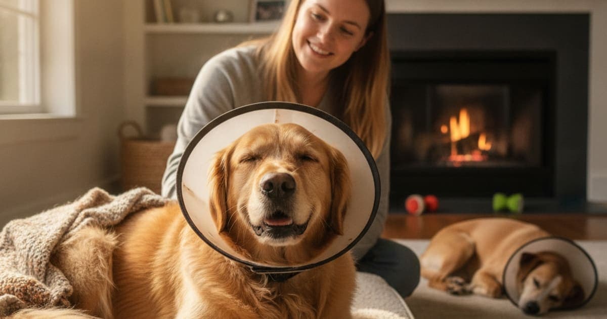 A dog being cared for at home, illustrating neuter recovery in dogs (2026)