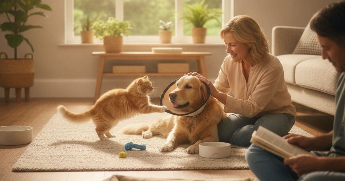A dog being cared for at home, illustrating post-surgical recovery in dogs (2026)