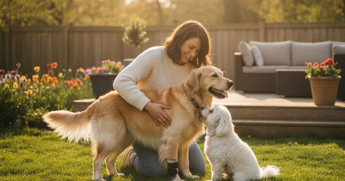A dog being cared for at home, illustrating soft tissue injury in dogs (2026)