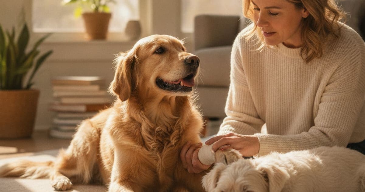 A dog being cared for at home, illustrating toe injury in dogs (2026)