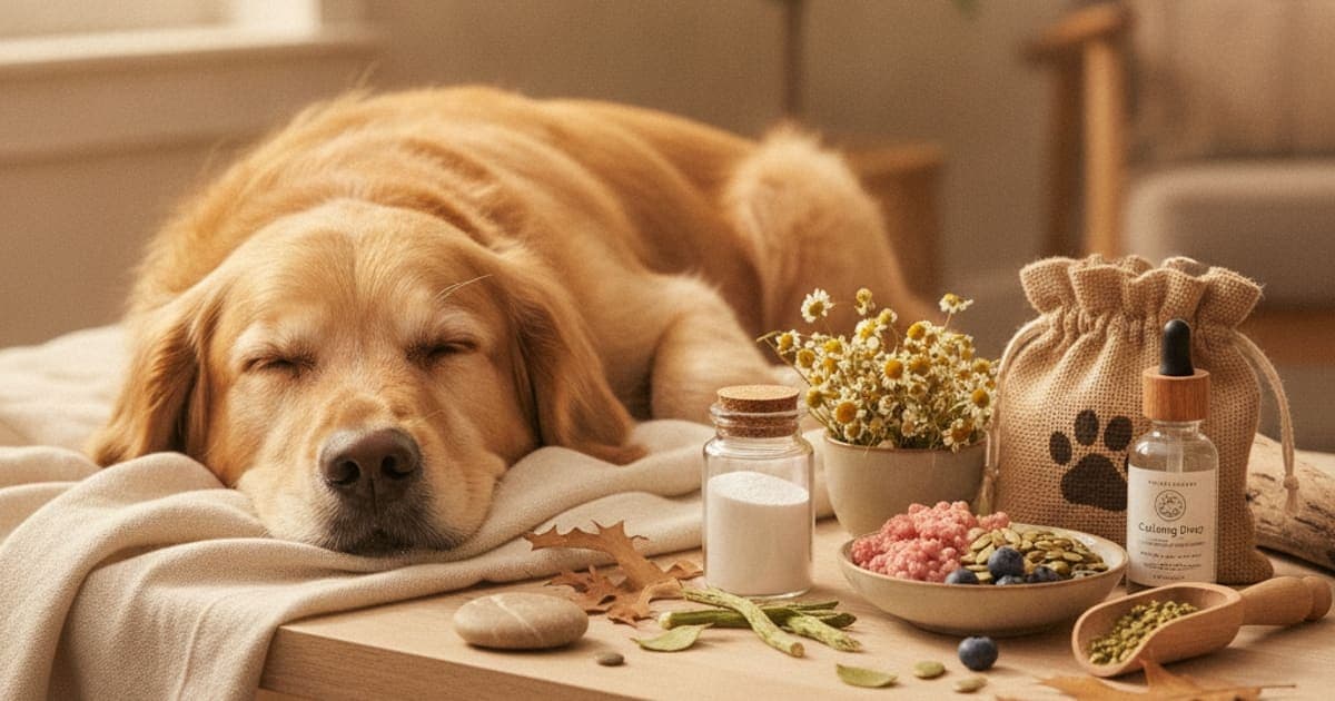 A dog being cared for at home, illustrating best tryptophan supplement for dogs: what to look for