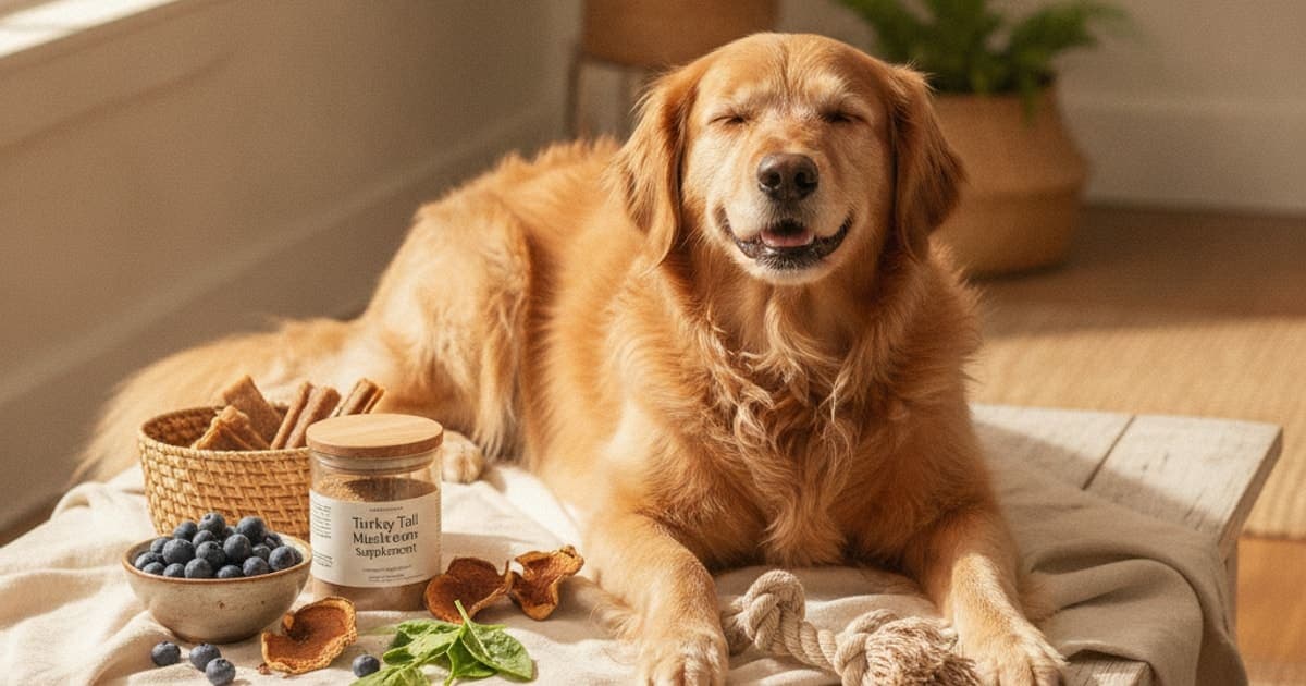 A dog being cared for at home, illustrating best turkey tail supplement for dogs: reddit advice