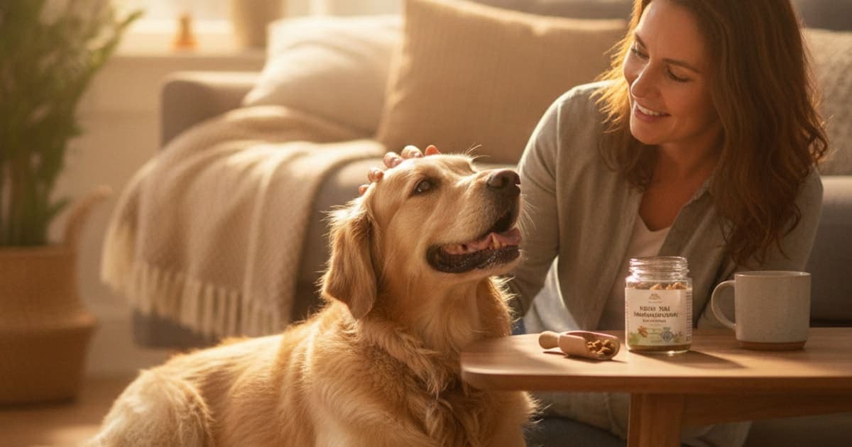 A dog being cared for at home, illustrating best turkey tail supplement for dogs with cancer