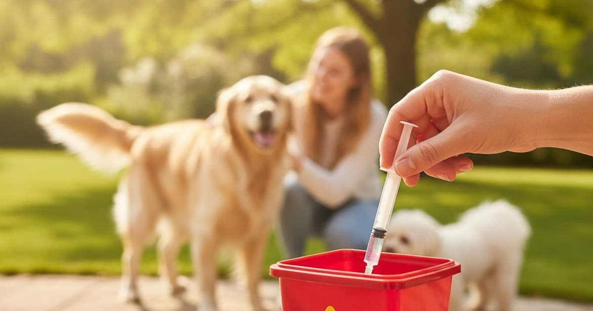 A dog being cared for at home, illustrating bpc-157 needle disposal for dogs: safe sharps steps