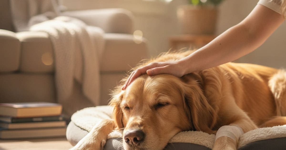 A dog being cared for at home, illustrating bpc-157 for cruciate surgery recovery in dogs: does it work