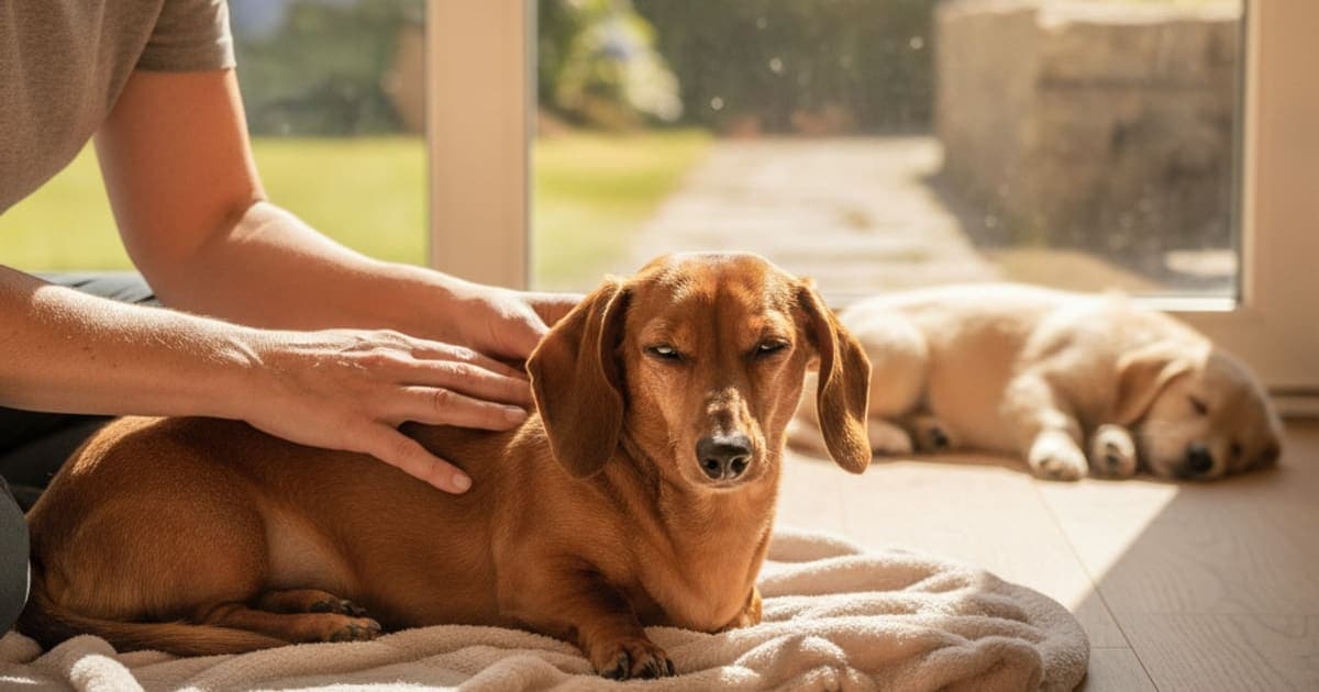 A dog being cared for at home, illustrating bpc-157 for disc herniation in dogs: does it work