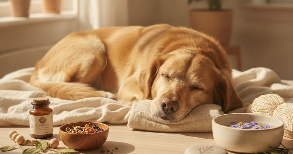 A dog being cared for at home, illustrating bpc-157 for dogs on nsaids
