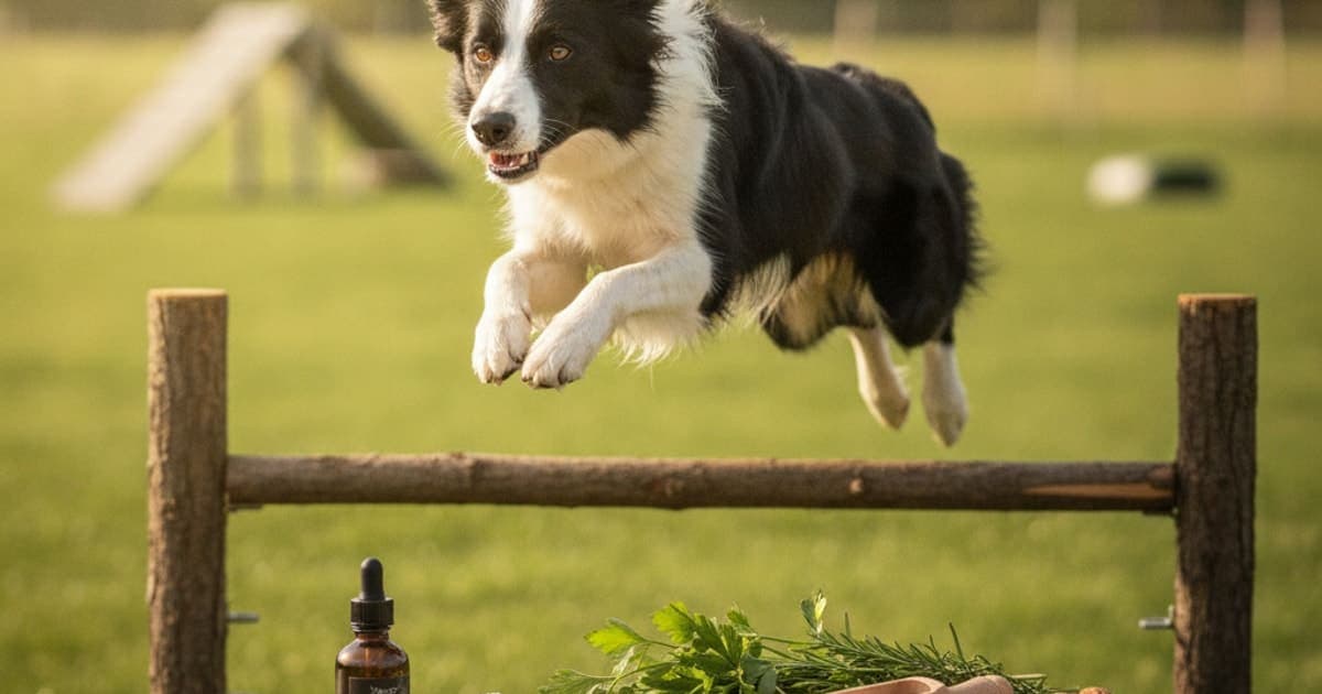 A dog being cared for at home, illustrating bpc-157 for flyball dogs: joint and tendon support