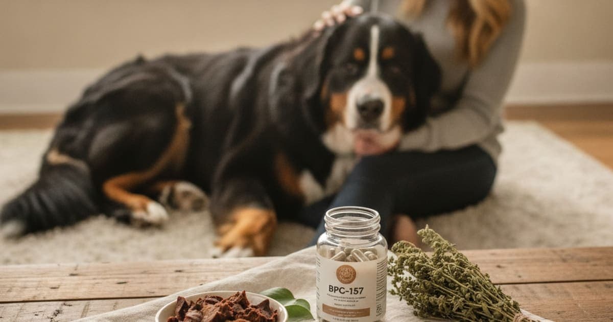 A dog being cared for at home, illustrating bpc-157 for giant breed dogs: what owners should know