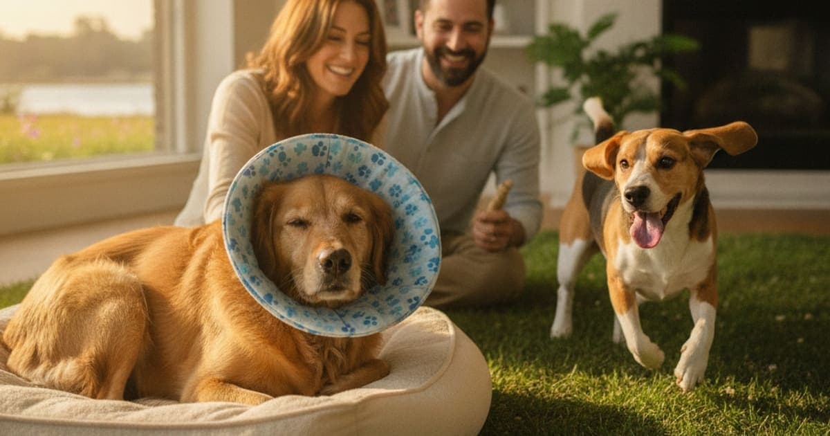 A dog being cared for at home, illustrating bpc-157 for neuter recovery in dogs: does it work