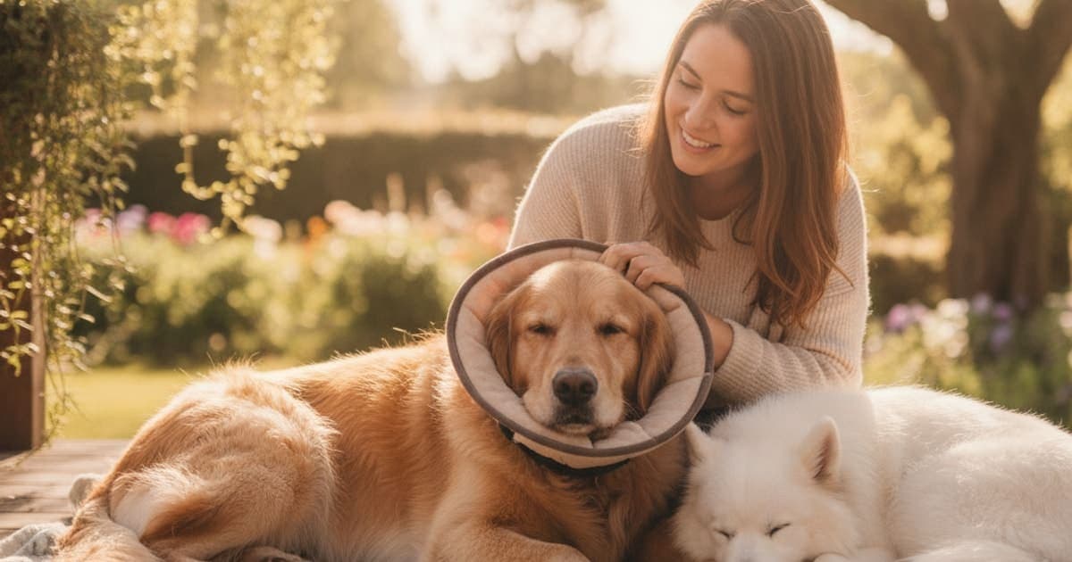 A dog being cared for at home, illustrating bpc-157 for post-surgical recovery in dogs: does it work