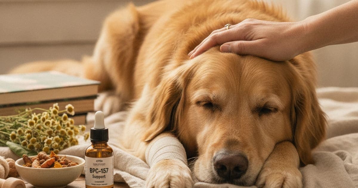 A dog being cared for at home, illustrating bpc-157 for sprained leg in dogs: does it work