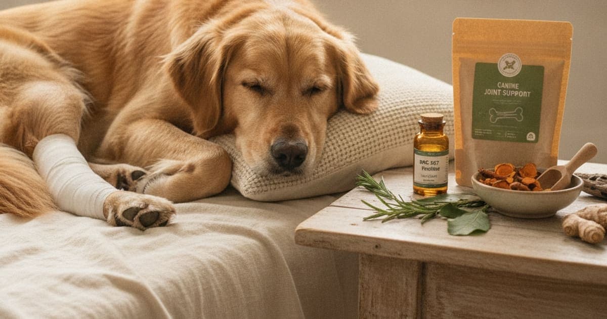 A dog being cared for at home, illustrating bpc-157 for tplo recovery in dogs: does it work