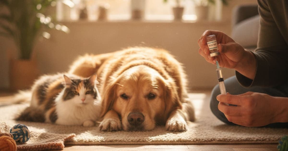 A dog being cared for at home, illustrating bpc-157: how to inject for dogs